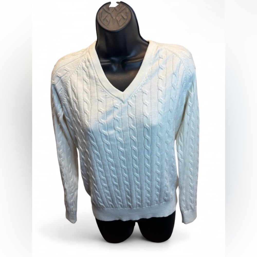Skatie Cream V-Neck Cable Knit Sweater
